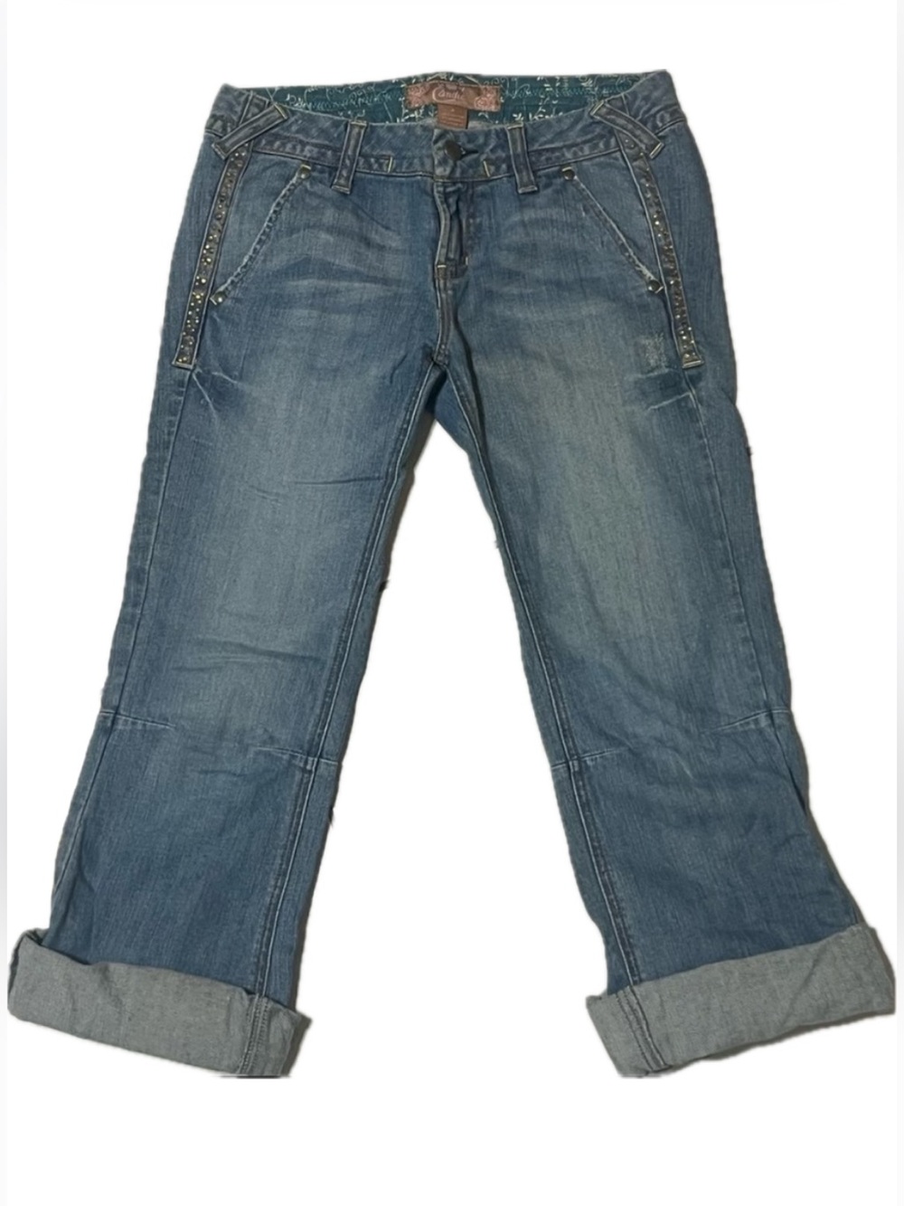 Candie’s faded Capri length cuffed denim vintage rhinestone crystal studs jeans